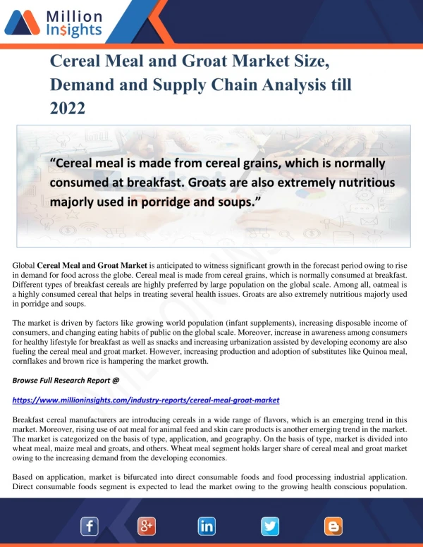 Cereal Meal and Groat Market Size, Demand and Supply Chain Analysis till 2022