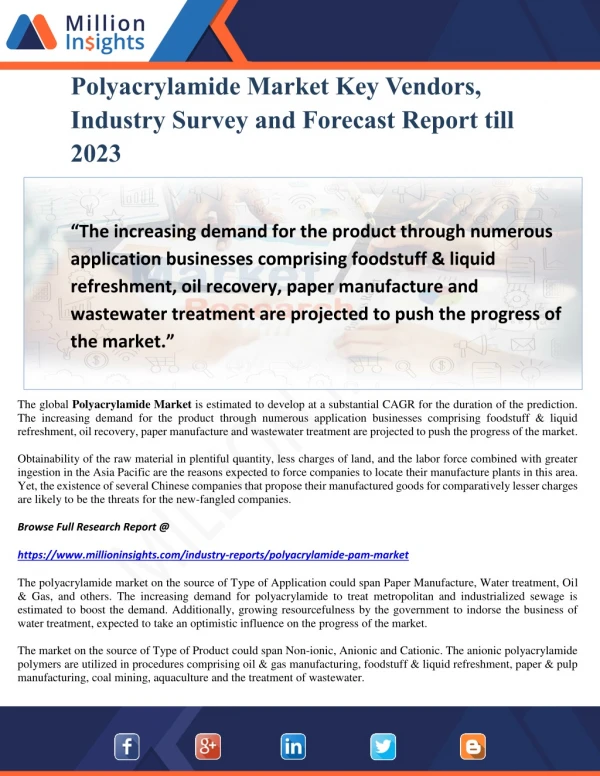 Polyacrylamide Market Key Vendors, Industry Survey and Forecast Report till 2023