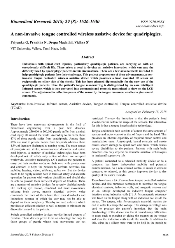 A non-invasive tongue controlled wireless assistive device for quadriplegics