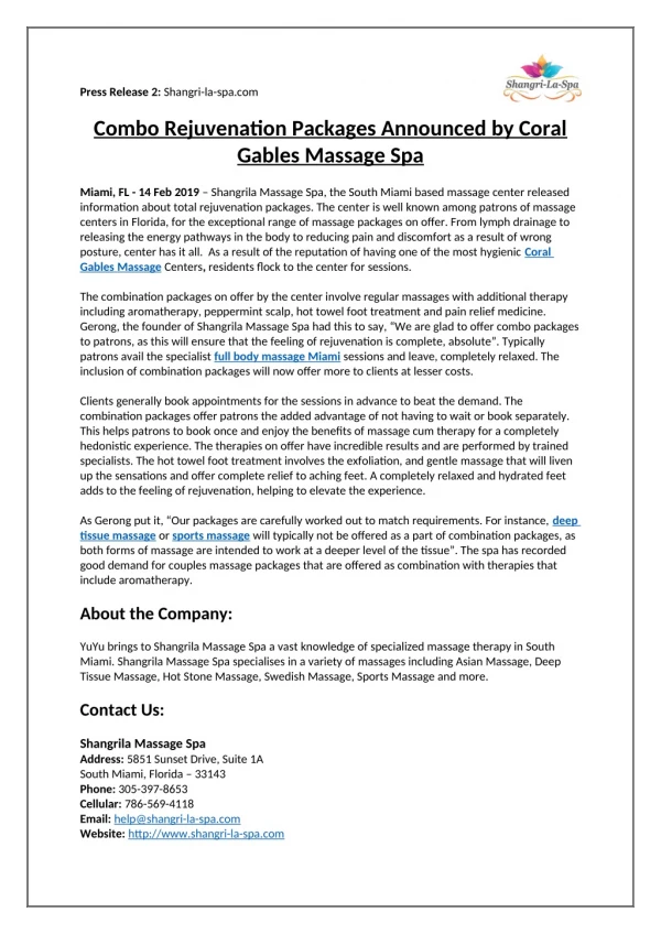 Combo Rejuvenation Packages Announced By Coral Gables Massage Spa