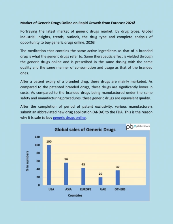 Market of Generic Drugs Online on Rapid Growth from Forecast 2026!