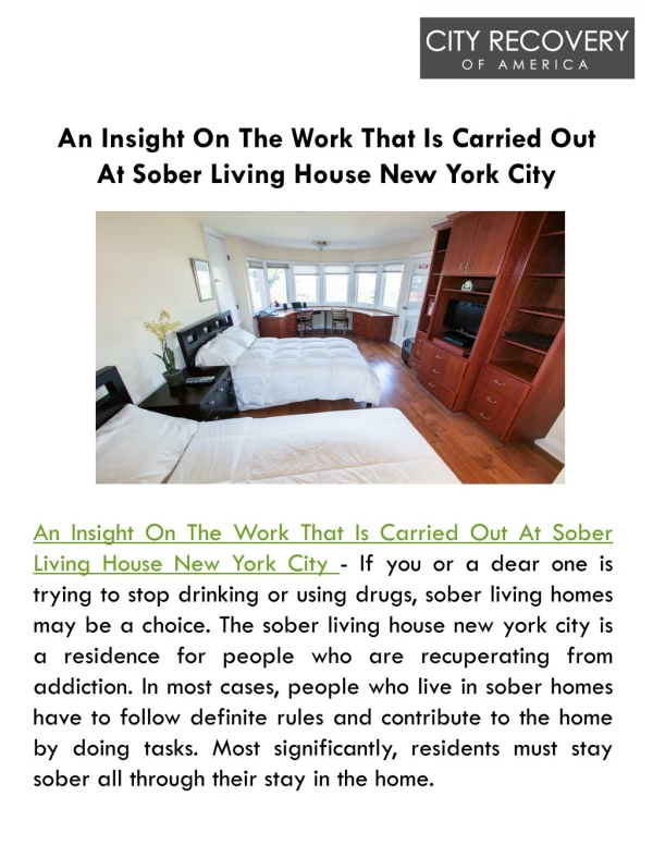 An Insight On The Work That Is Carried Out At Sober Living House New York City