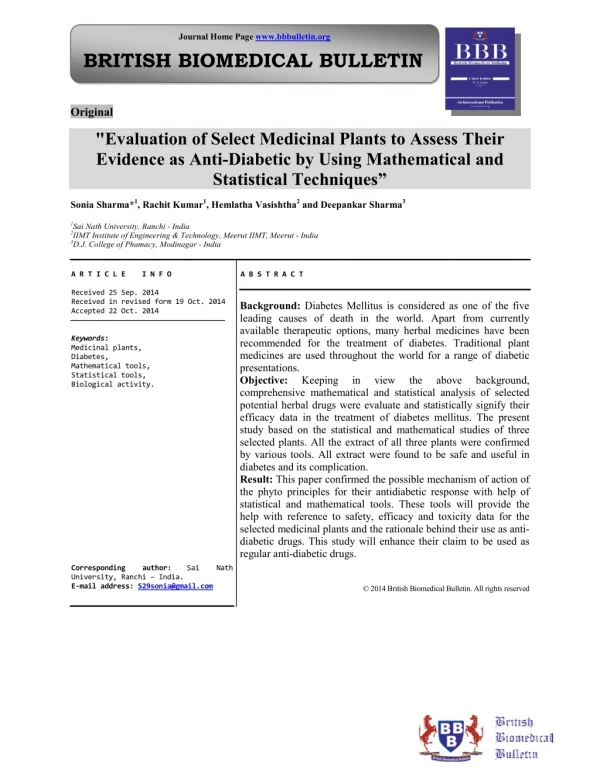 "Evaluation of Select Medicinal Plants to Assess Their Evidence as Anti-Diabetic by Using Mathematical and Statistical T
