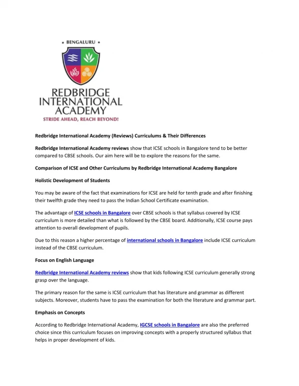Redbridge International Academy (Reviews) Curriculums & Their Differences
