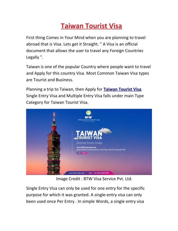 Taiwan Tourist Visa