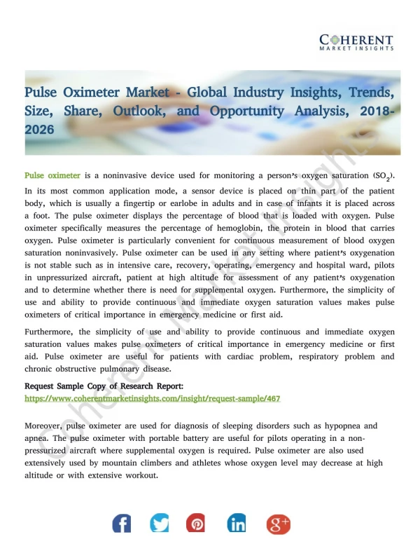 Pulse Oximeter Market - Trends, Size, Share, Outlook, and Opportunity Analysis, 2018-2026