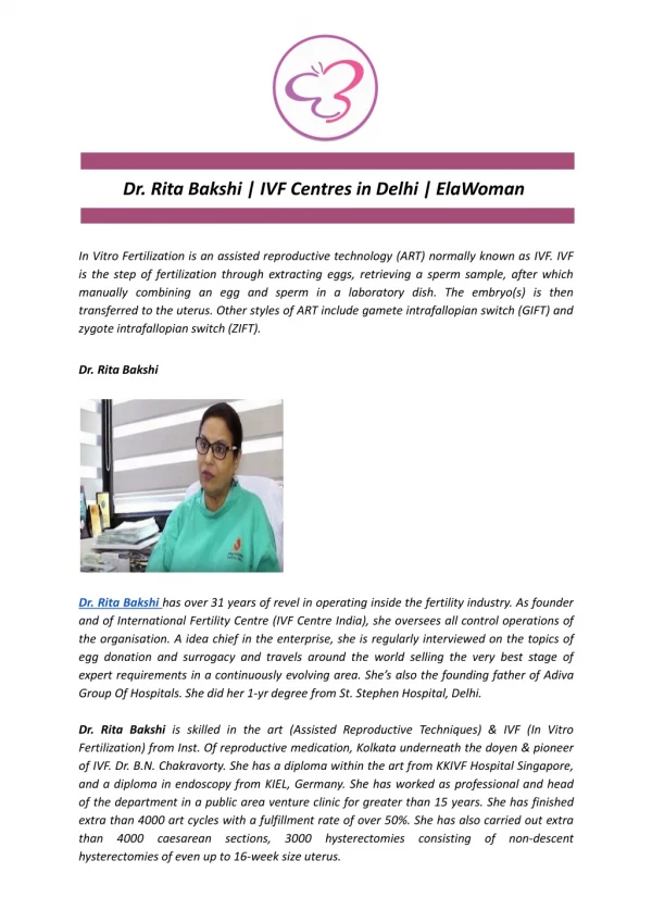 Dr. Rita Bakshi | IVF Centres in Delhi | ElaWoman