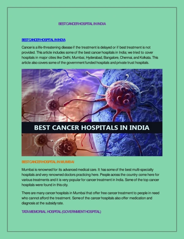 Best cancer Hospitals in India