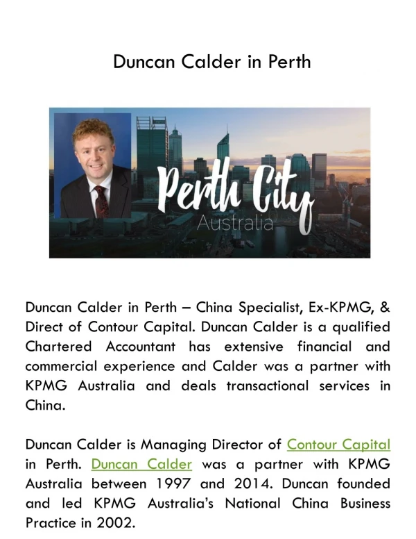 Duncan Calder in Perth - China Specialist, Ex-KPMG, & Direct of Contour Capital