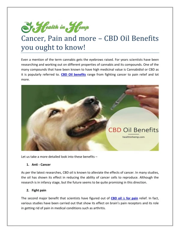 Cancer, Pain and more – CBD Oil Benefits you ought to know!