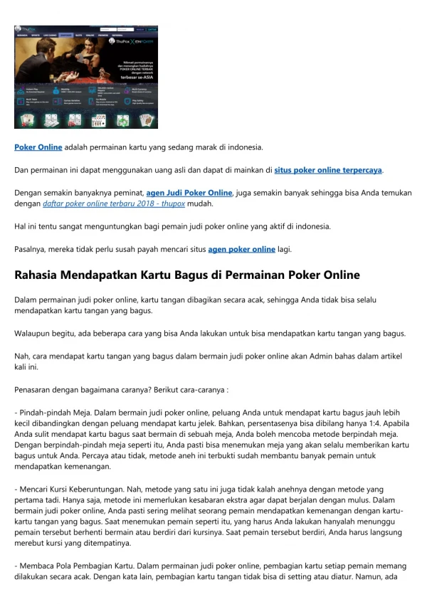 Rahasia Mendapatkan Kartu Bagus Dalam Permainan Poker Online