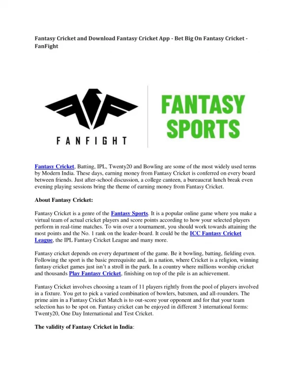 Fantasy Cricket and Download Fantasy Cricket App - Bet Big on Fantasy Cricket - FanFight