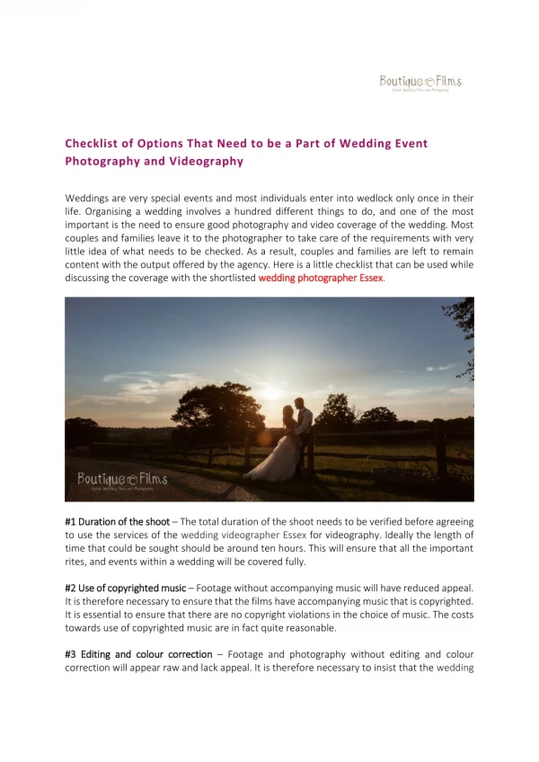 Checklist of Options That Need to be a Part of Wedding Event Photography and Videography