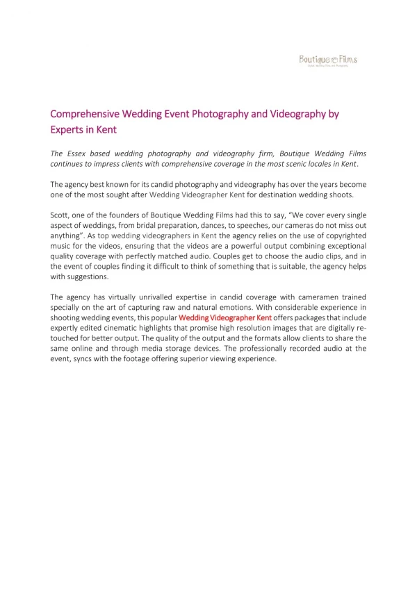 Comprehensive Wedding Event Photography and Videography by Experts in Kent