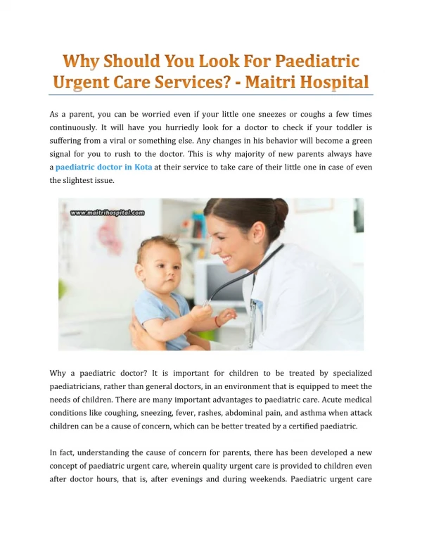 Why Should You Look For Paediatric Urgent Care Services? - Maitri Hospital