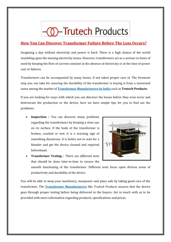 How You Can Discover Transformer Failure Before The Loss Occurs?
