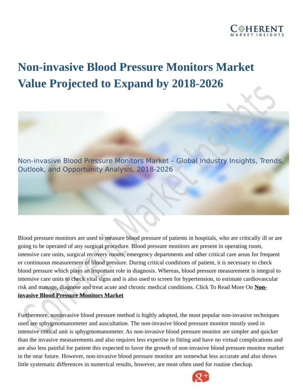 Non-invasive Blood Pressure Monitors Market: Technological Innovations to Boost the Market 2018-2026