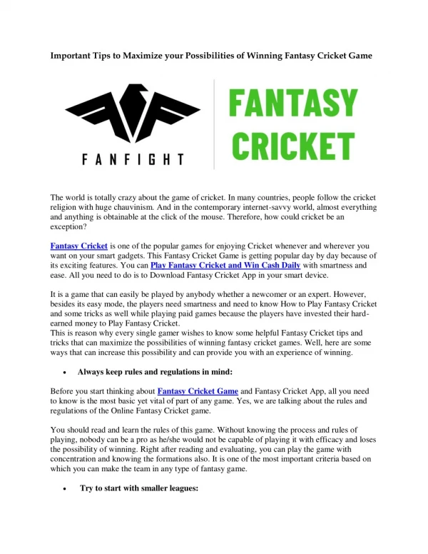 Important Tips to Maximize your Probability of Winning on Fantasy Cricket Game - FanFight App