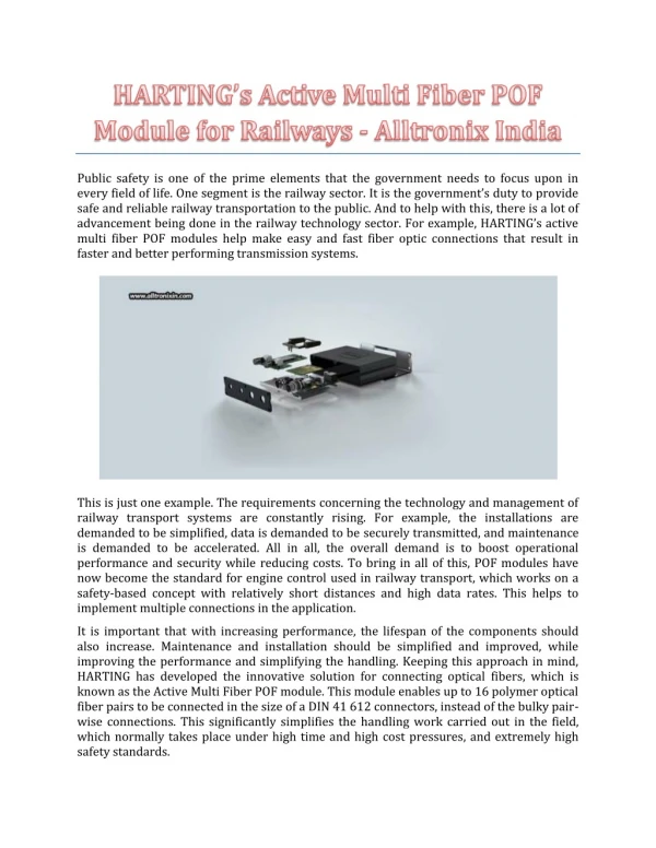 HARTING’s Active Multi Fiber POF Module For Railways - Alltronix India