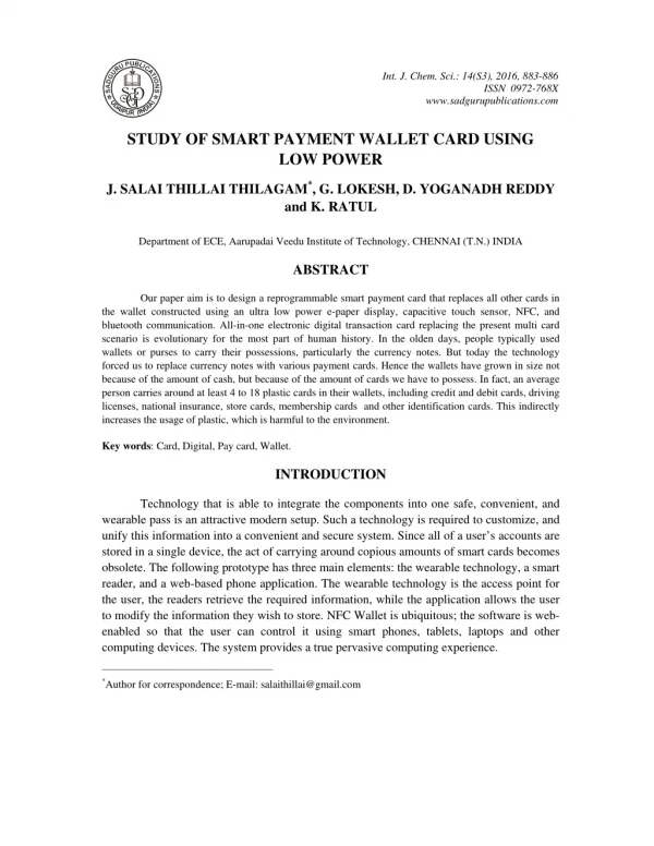 Study of Smart Payment Wallet Card Using Low Power