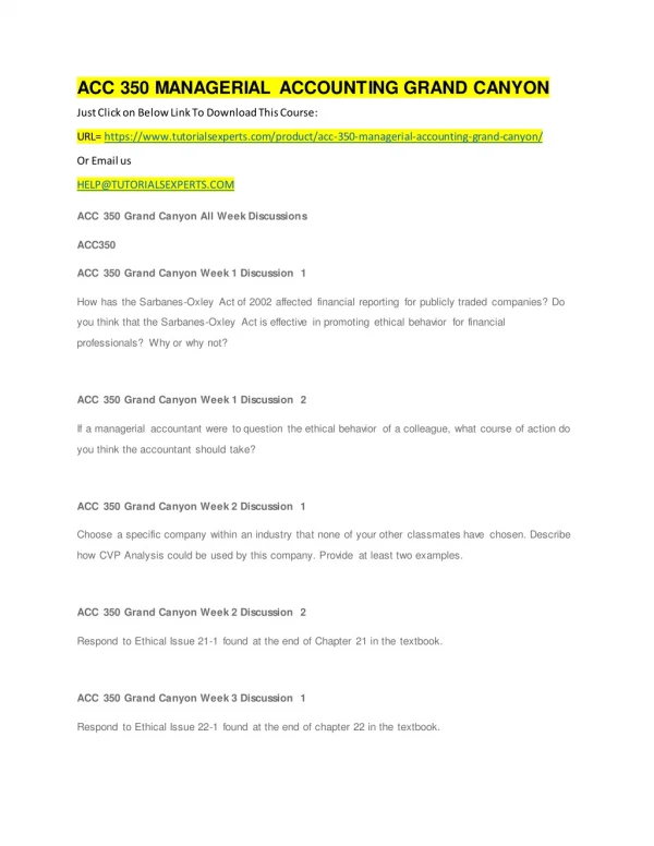 ACC 350 MANAGERIAL ACCOUNTING GRAND CANYON