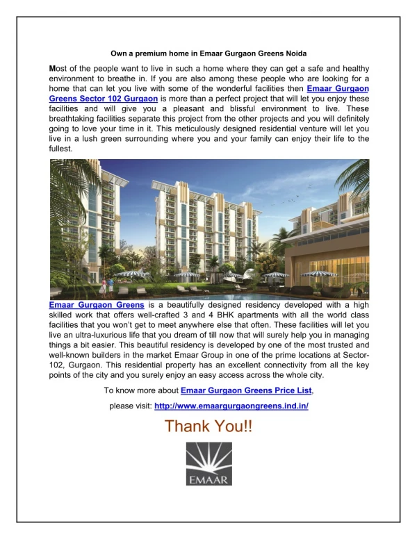 Own a premium home in Emaar Gurgaon Greens Noida