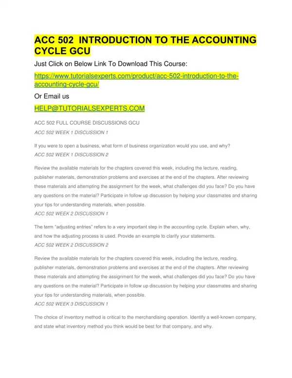 ACC 502 INTRODUCTION TO THE ACCOUNTING CYCLE GCU