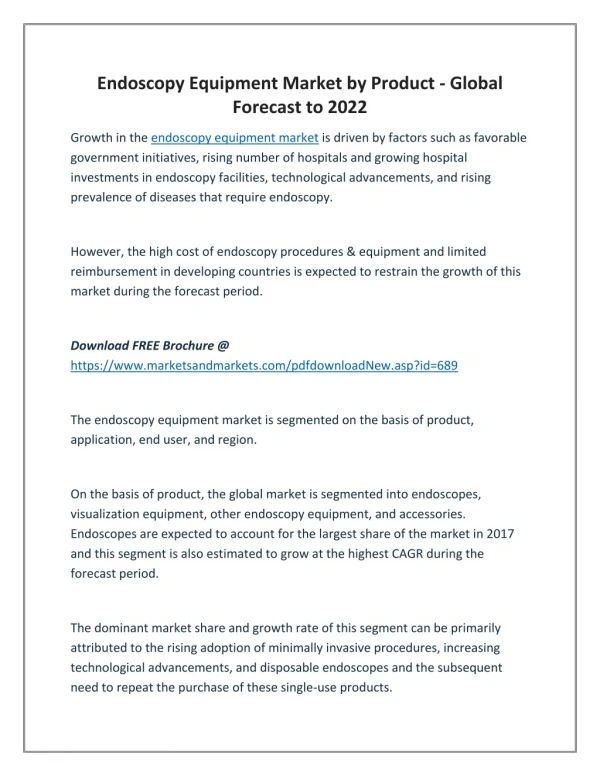 Endoscopy Equipment Market by Product - Global Forecast to 2022