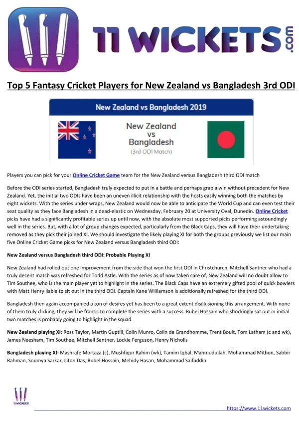 Top 5 Fantasy Cricket Players for New Zealand vs Bangladesh 3rd ODI