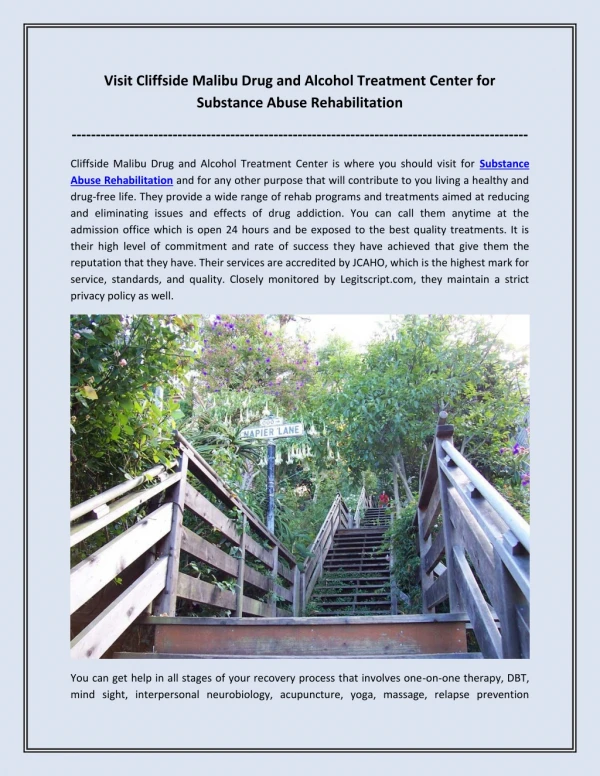 Visit Cliffside Malibu Drug and Alcohol Treatment Center for Substance Abuse Rehabilitation