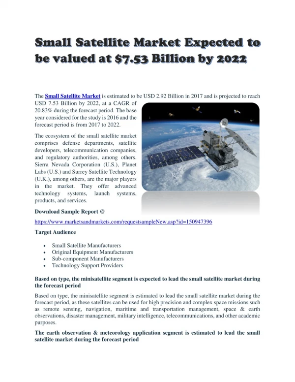 Small Satellite Market Expected to be valued at $7.53 Billion by 2022
