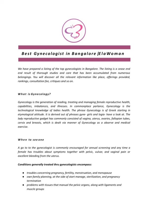 Best Gynecologist in Bangalore | ElaWoman