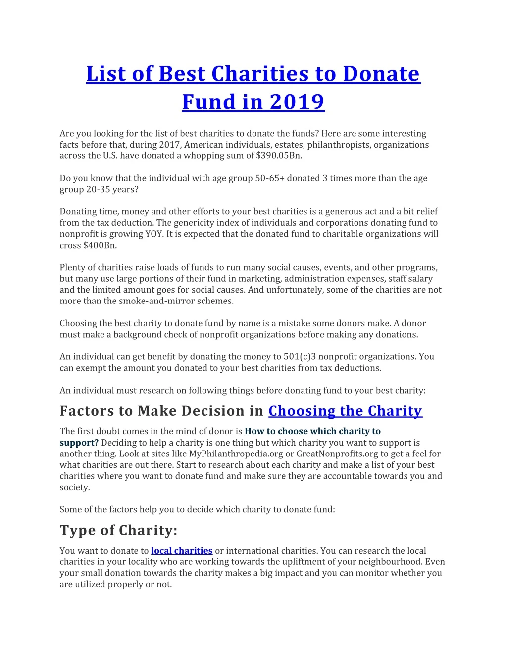 list of best charities to donate fund in 2019