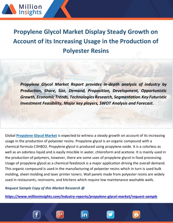 Propylene Glycol Market Display Steady Growth on Account of its Increasing Usage in the Production of Polyester Resins