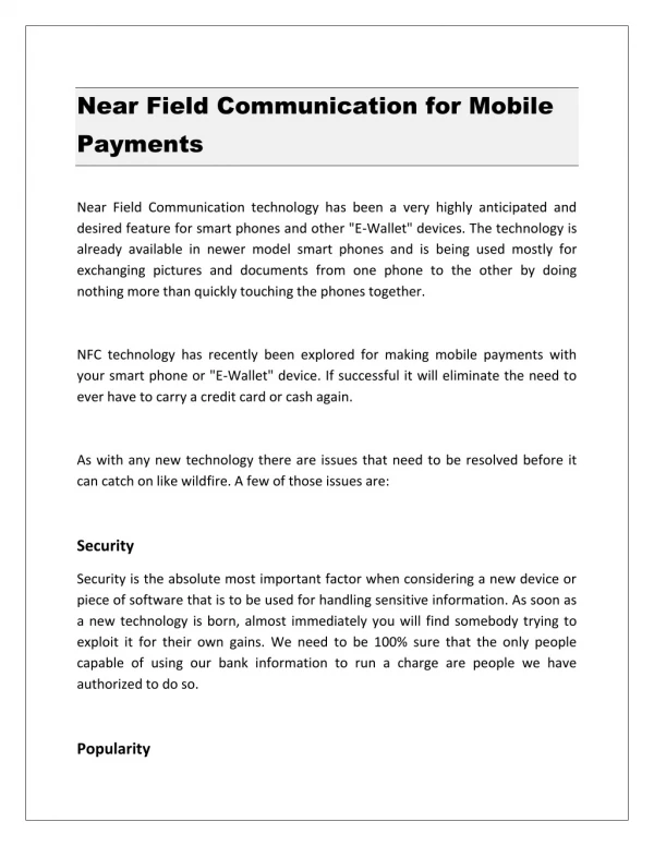 Near Field Communication for Mobile Payments
