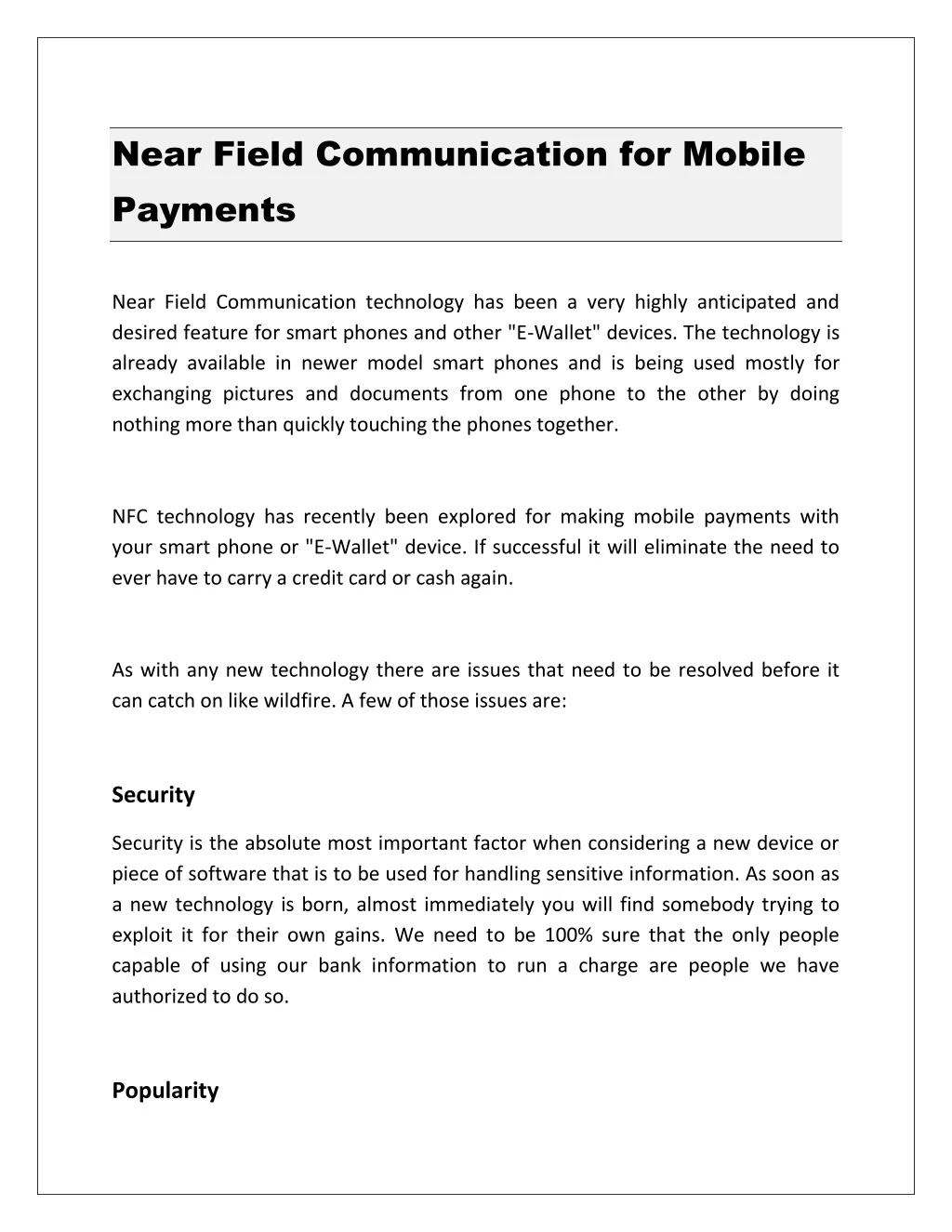 near field communication for mobile payments