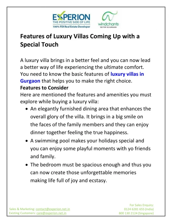 Features of Luxury Villas Coming Up with a Special Touch