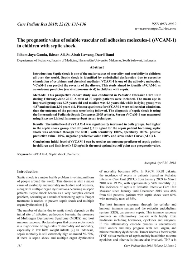 The prognostic value of soluble vascular cell adhesion molecules-1 (sVCAM-1) in children with septic shock