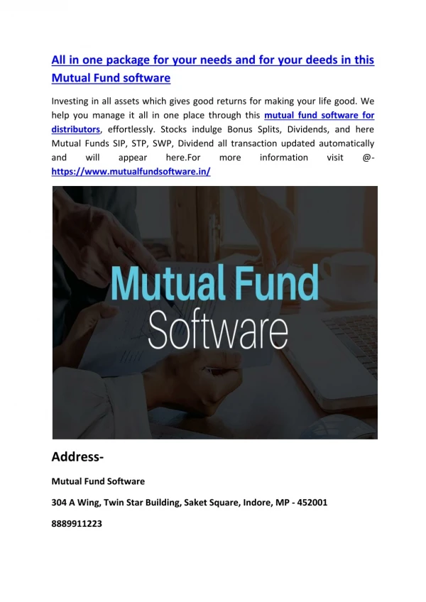 All in one package for your needs and for your deeds in this Mutual Fund software