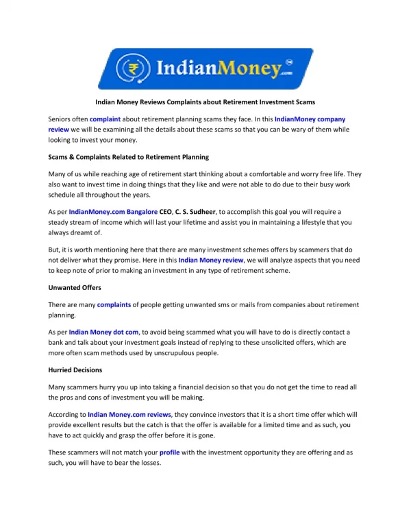 Indian Money Reviews Complaints about Retirement Investment Scams