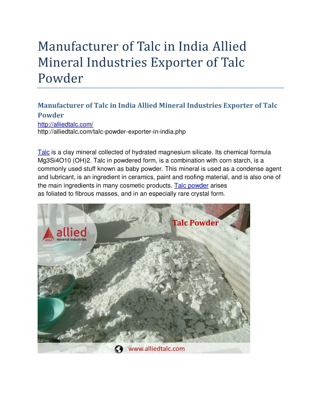 manufacturer of talc in india allied mineral