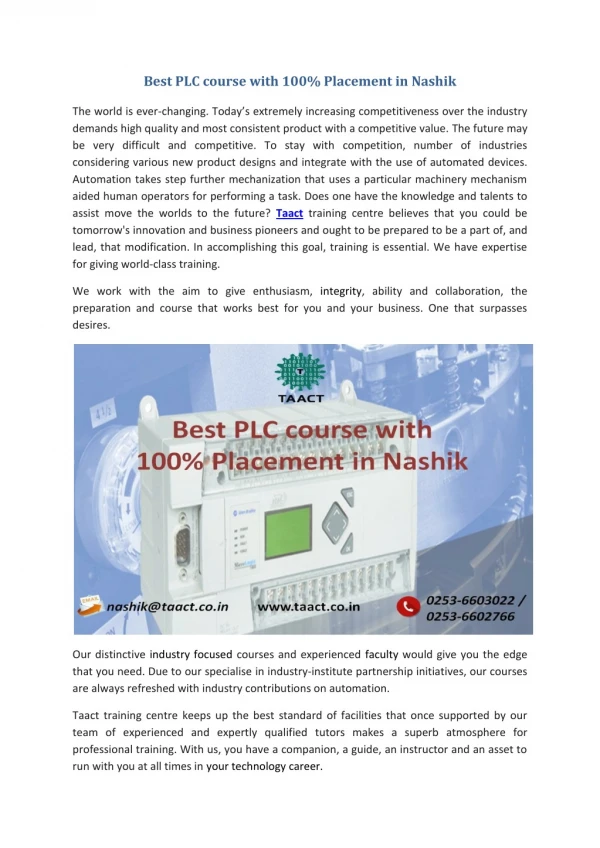 Best PLC course with 100% Placement in Nashik