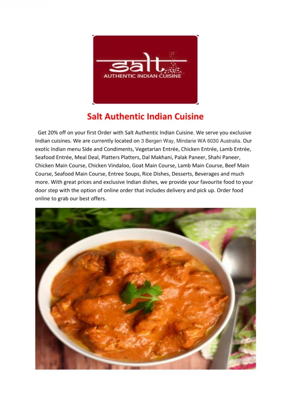 Salt Authentic Indian Cuisine -Mindarie - Order Food Online