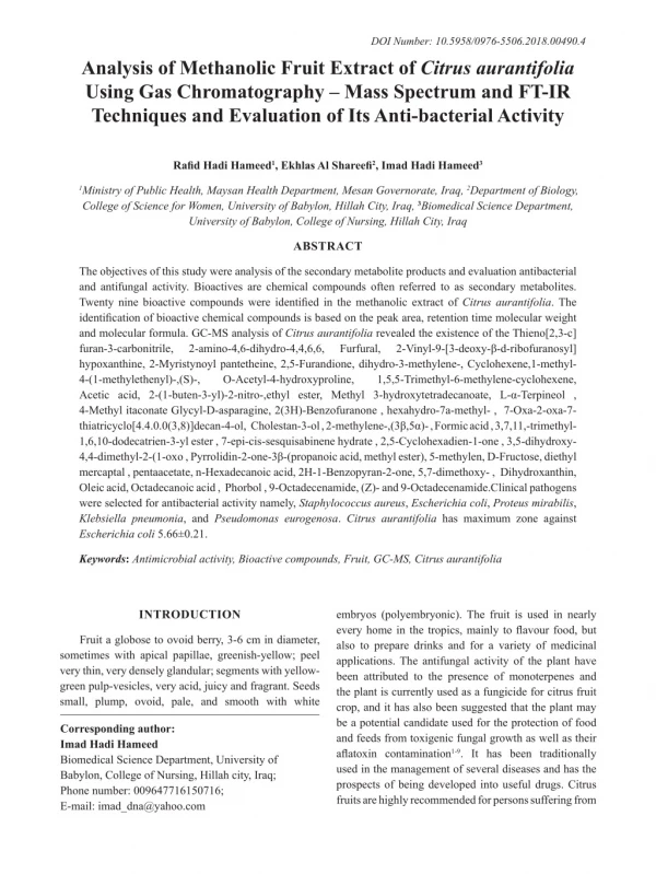 Analysis of Methanolic Fruit Extract of Citrus aurantifolia Using Gas Chromatography – Mass Spectrum and FT-IR Technique
