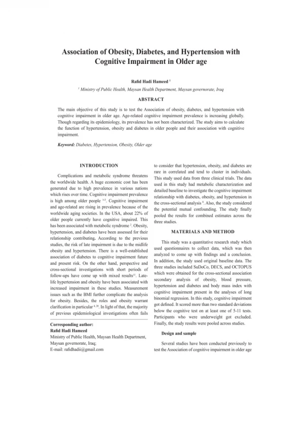 Association of Obesity, Diabetes, and Hypertension with Cognitive Impairment in Older age-