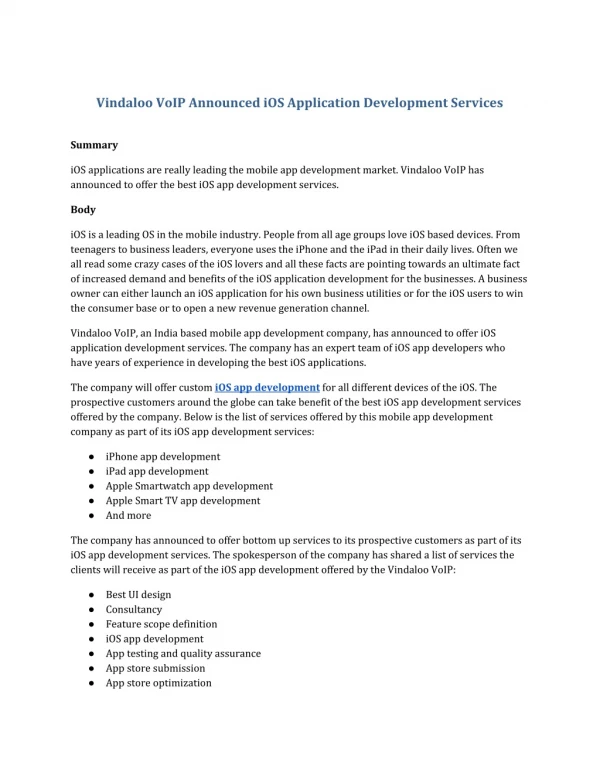Vindaloo VoIP Announced iOS Application Development Services