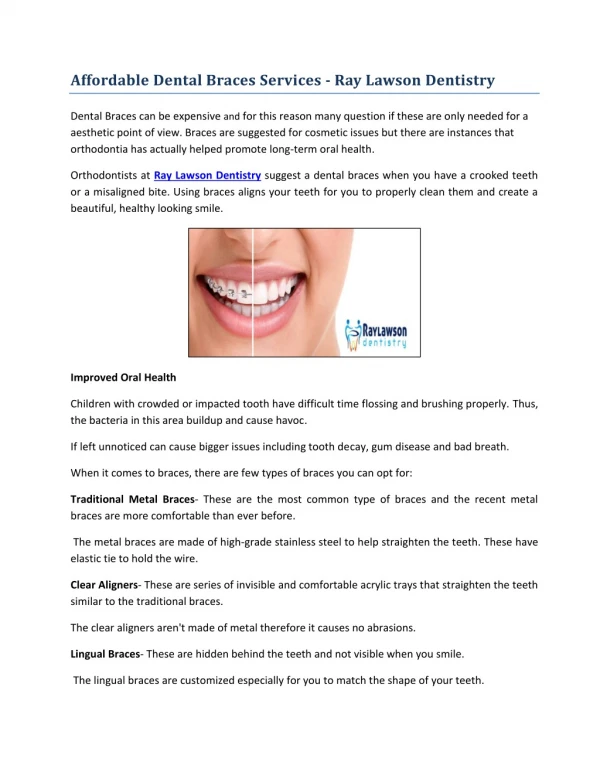 Affordable Dental Braces Services - Ray Lawson Dentistry