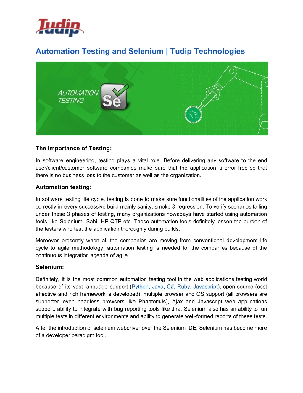 automation testing and selenium tudip technologies