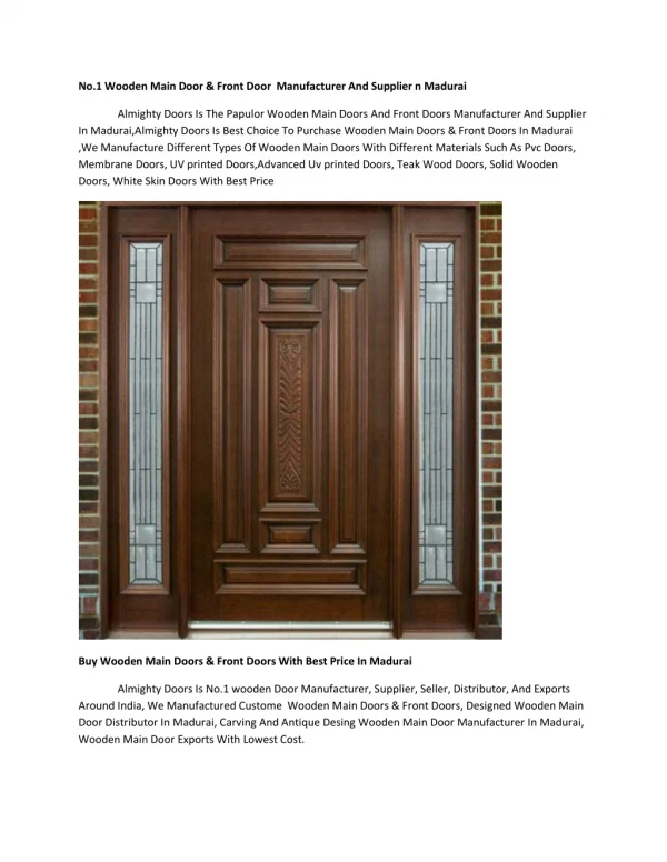 No.1 Wooden Main Door & Front Door Manufacturer And Supplier n Madurai