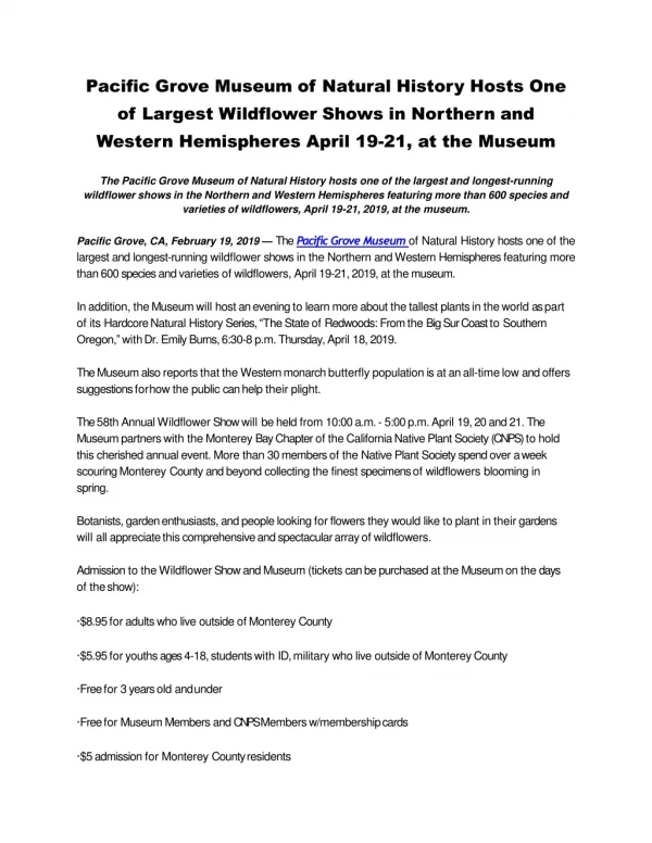 Pacific Grove Museum of Natural History Hosts One of Largest Wildflower Shows in Northern and Western Hemispheres April